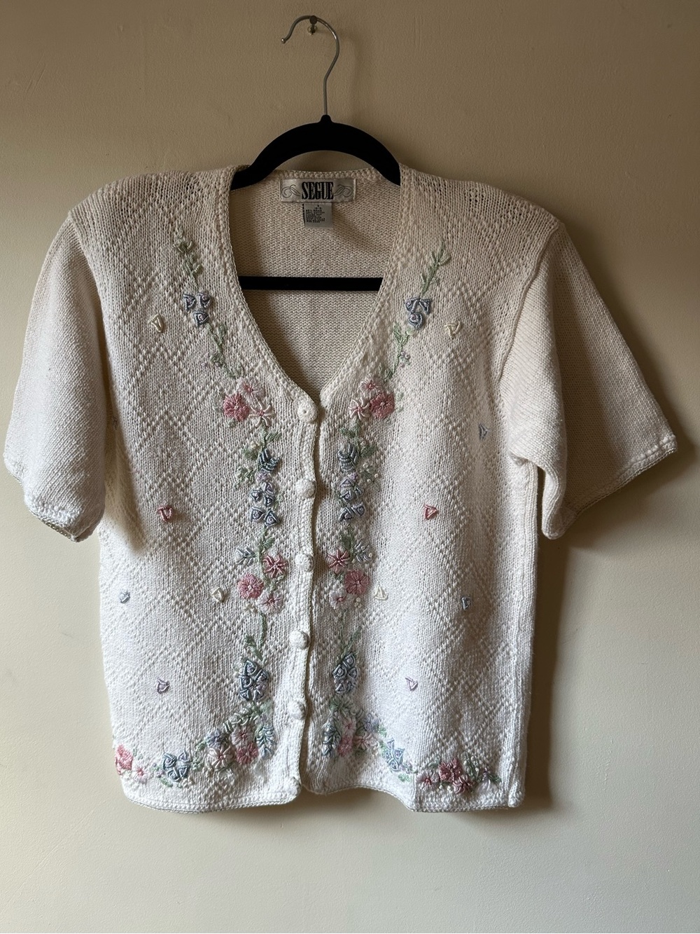 Vintage 90s Floral Embroidered Ramie Cotton Grannycore Sweater